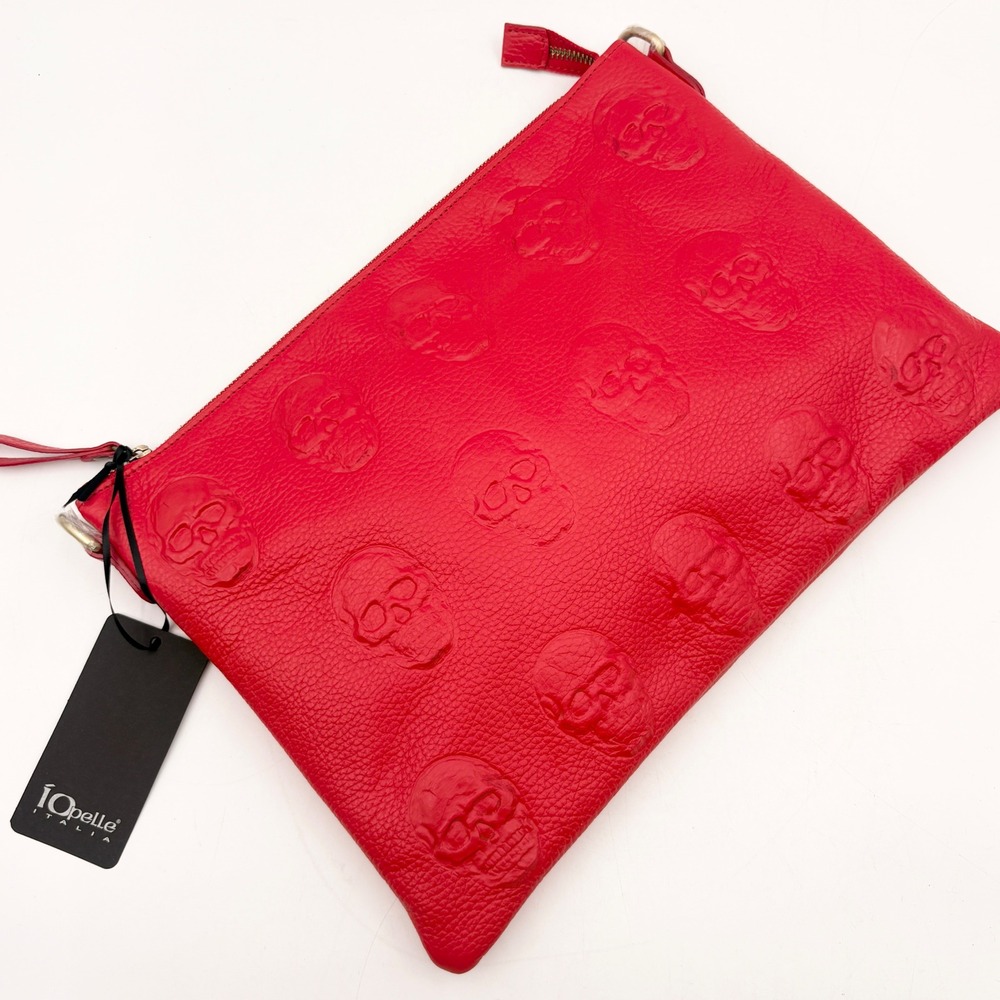 IoPelle‎ Italia Red Leather Embossed Skull Clutch Crossbody Bag Made in Italy
